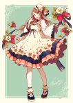  1girl :d akagi_shun brown_eyes brown_hair commentary dress eyebrows_visible_through_hair floral_print flower food fruit full_body green_background hat japanese_clothes long_hair long_sleeves open_mouth original shoes signature simple_background smile socks solo strawberry white_dress white_hat 
