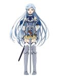  1girl armor armored_boots blue_eyes blue_hair boots breasts detached_sleeves elbow_pads floating_hair full_body garter_straps grey_skirt hands_on_hips log_horizon long_hair looking_at_viewer medium_breasts miniskirt official_art open_mouth reinesia_el_arte_cowen sheath skirt solo standing thigh-highs thigh_boots transparent_background very_long_hair 