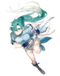  1girl aisutabetao breasts earrings fingerless_gloves fire_emblem fire_emblem:_rekka_no_ken gloves green_eyes green_hair high_ponytail highres jewelry long_hair lyndis_(fire_emblem) mamkute pelvic_curtain ponytail side_slit solo sword weapon white_background 