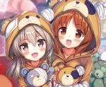  2girls :d akabane_(zebrasmise) animal_costume bandage bandaid bangs bear_costume blurry blurry_background boko_(girls_und_panzer) brown_eyes brown_hair commentary_request depth_of_field eyebrows_visible_through_hair girls_und_panzer holding holding_stuffed_animal light_brown_eyes light_brown_hair long_hair looking_at_viewer multiple_girls nishizumi_miho open_mouth shimada_arisu short_hair side-by-side smile standing stuffed_animal stuffed_toy teddy_bear upper_body 