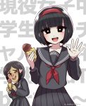  2girls artist_name bangs black_hair blush bob_cut chocolate eyelashes hand_up looking_at_viewer mole mole_under_eye multiple_girls namessyu open_mouth red_ribbon ribbon sayo-chan school_uniform serafuku short_hair smile suada upper_body valentine virtual_youtuber 