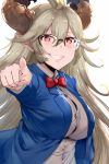  1girl ahoge blazer blonde_hair blue_blazer blush bow breasts buttons commentary ears_visible_through_hair eyebrows_visible_through_hair glasses granblue_fantasy hair_between_eyes hews_hack highres horns jacket long_hair looking_at_viewer pointing pointy_ears red_bow red_eyes red_neckwear smile solo thalatha_(granblue_fantasy) white_background 