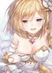  1girl bare_shoulders blonde_hair blush breasts cleavage djeeta_(granblue_fantasy) granblue_fantasy hair_ornament highres looking_at_viewer medium_breasts open_mouth short_hair smile solo the_glory topia yellow_eyes 