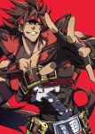  1boy bare_shoulders belt black_gloves brown_hair english fingerless_gloves gloves grin guilty_gear guilty_gear_xrd headband highres looking_at_viewer male_focus muscle outstretched_arm red_background sanpaku shirt simple_background smile sol_badguy solo standing teeth upper_body westxost_(68monkey) yellow_eyes 