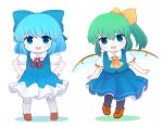  2girls :d ascot bent_elbows black_legwear blue_bow blue_eyes blue_hair blue_skirt blue_vest boots bow brown_footwear chibi cirno collared_shirt commentary_request cross-laced_footwear daiyousei eyebrows_visible_through_hair fairy_wings frilled_legwear frilled_skirt frills full_body gradient_eyes green_hair hair_bow hair_ribbon hands_on_hips lace-up_boots light_blush looking_at_viewer multicolored multicolored_eyes multiple_girls neck_ribbon no_wings open_mouth puffy_short_sleeves puffy_sleeves red_neckwear rei_(tonbo0430) ribbon ribbon-trimmed_sleeves ribbon_trim shirt short_hair short_sleeves side_ponytail simple_background skirt skirt_set smile standing standing_on_one_leg tareme touhou upper_teeth vest white_background white_legwear white_shirt wings yellow_neckwear yellow_ribbon 