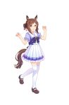  1girl :d animal_ears brown_hair fine_motion full_body green_eyes hair_between_eyes hair_bun hair_ribbon highres horse_ears horse_tail multicolored_hair official_art open_mouth ribbon sidelocks smile solo tail transparent_background two-tone_hair umamusume white_hair 