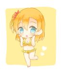  1girl :o bangs barefoot bikini blue_eyes blush breasts chibi cleavage cute flower frilled_bikini frills hair_flower hair_ornament hair_ribbon hands_on_own_cheeks hands_on_own_face heart kousaka_honoka looking_at_viewer love_live! love_live!_school_idol_project midriff navel one_side_up orange_bikini orange_hair red_flower ribbon simple_background solo standing standing_on_one_leg swimsuit white_border yellow_background yellow_ribbon 