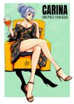  1girl absurdres alternate_costume artist_name blue_eyes breasts carina_(one_piece) character_name cleavage copyright_name dress drink hair_bun high_heels highres nail_polish one_piece one_piece_film_gold purple_hair sherumaru_(korcht06) sitting 