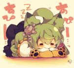  1girl =_= ahoge akashi_(azur_lane) animal_ears azur_lane blush commentary_request green_hair lying mole mole_under_eye muuran nose_bubble on_stomach signature sleeping solo zzz 