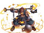  1boy abs awakening_(sennen_sensou_aigis) ball_and_chain_restraint boots brown_hair burning_eyes chains clenched_hand dark_skin dark_skinned_male fighting_stance fire full_body highres holding holding_weapon looking_at_viewer male_focus muscle official_art over_shoulder robert_(sennen_sensou_aigis) scar sennen_sensou_aigis spiky_hair standing tasaka_shinnosuke weapon wide_stance 