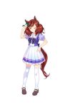  1girl animal_ears brown_hair ear_covers highres horse_ears horse_tail multicolored_hair nice_nature one_eye_closed redhead solo standing tail two-tone_hair two_side_up umamusume 
