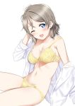  1girl ;d blue_eyes bra breasts brown_hair cleavage eyebrows_visible_through_hair hand_up highres love_live! love_live!_sunshine!! medium_breasts navel off_shoulder one_eye_closed open_clothes open_mouth open_shirt panties rozen5 short_hair simple_background sitting smile solo strap_slip tears underwear watanabe_you white_background yellow_bra yellow_panties 