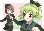  2girls alternate_costume alternate_hairstyle anchovy bangs beret black_hat black_jacket black_neckwear black_ribbon black_skirt blurry blurry_background blurry_foreground brown_eyes brown_hair closed_mouth commentary_request depth_of_field dress_shirt drill_hair emblem eyebrows_visible_through_hair girls_und_panzer green_hair hair_ribbon hand_holding hat highres jacket japanese_tankery_league_(emblem) light_frown long_hair long_sleeves looking_at_another looking_back military military_hat military_uniform miniskirt multiple_girls necktie nishizumi_maho older open_mouth outside_border pencil_skirt pink_background ponytail red_eyes ribbon running selection_university_military_uniform shirt short_hair skirt smile standing toon_(noin) uniform v-shaped_eyebrows white_shirt wing_collar 