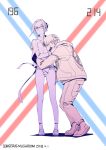  1boy 1girl absurdres artist_name bangs belt boots closed_eyes closed_mouth collared_shirt crying darling_in_the_franxx futoshi_(darling_in_the_franxx) glasses gorgeous_mushroom hair_bun highres hood hood_down hug ikuno_(darling_in_the_franxx) jacket limited_palette long_sleeves looking_at_another open_mouth pants parted_bangs shirt shoes smile tears wing_collar 