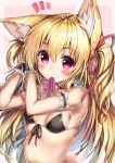  1girl adjusting_hair akabane_(zebrasmise) animal_ears armband bangs bikini black_bikini black_choker blonde_hair blush breasts cat_ears choker closed_mouth commentary_request eyebrows_visible_through_hair front-tie_bikini front-tie_top hair_ribbon holding long_hair looking_at_viewer mouth_hold navel notice_lines original red_eyes red_ribbon renoa_(akabane) ribbon small_breasts smile solo standing swimsuit upper_body wristband 