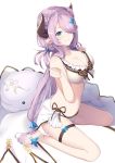  1girl bikini blue_eyes blush breasts cleavage draph frills full_body granblue_fantasy hair_ornament hair_over_one_eye hairclip highres horns large_breasts lavender_hair long_hair looking_at_viewer low_tied_hair narmaya_(granblue_fantasy) navel pointy_ears sandals showgirl_skirt side-tie_bikini sitting smile solo stomach swimsuit toes wariza white_background yukarite 