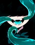  1girl :d absurdres black_hair bow bowtie commentary covered_eyes english_commentary facing_viewer fangs green_neckwear grin hair_over_eyes highres looking_at_viewer monster_girl open_mouth original reddgeist saliva sharp_teeth smile solo teeth tentacle tongue 