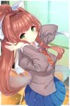  1girl arare_mochiko bangs blue_skirt blurry blurry_background blush bow brown_hair chair classroom closed_mouth cowboy_shot day doki_doki_literature_club green_eyes grey_jacket hair_bow hair_intakes hands_on_own_face hands_up indoors jacket long_hair long_sleeves looking_at_viewer monika_(doki_doki_literature_club) neck_ribbon pleated_skirt ponytail red_neckwear red_ribbon ribbon school school_chair school_uniform shiny shiny_hair sidelocks skirt smile solo standing very_long_hair vest window 