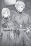  1boy 1girl ayakura_juu blood bloody_clothes character_request gloves greyscale holding holding_sheath holding_sword holding_weapon long_hair looking_at_viewer monochrome novel_illustration official_art outdoors ponytail road sheath sparkle spice_and_wolf standing street sword unsheathing weapon 