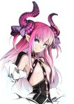 1girl bangs black_dress blue_eyes breasts closed_mouth commentary_request curled_horns detached_sleeves dragon_horns dress elizabeth_bathory_(fate) elizabeth_bathory_(fate)_(all) eyebrows_visible_through_hair fate/extra fate/extra_ccc fate_(series) hair_ribbon head_tilt highres horns long_hair pink_hair pointy_ears purple_ribbon ribbon sidelocks simple_background small_breasts smile solo two_side_up white_background yunar 