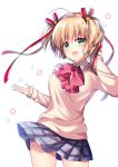  1girl :d bangs blonde_hair blue_skirt bow brown_sweater collared_shirt commentary_request cowboy_shot eyebrows_visible_through_hair green_eyes hair_between_eyes hair_bow hair_ornament highres kamikita_komari little_busters!! open_mouth plaid plaid_skirt pleated_skirt red_bow ringo_sui school_uniform shirt simple_background skirt smile solo star star_hair_ornament two_side_up white_background white_shirt 