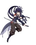  1girl akatsuki_(log_horizon) brown_pants detached_sleeves eyebrows_visible_through_hair floating_hair full_body holding holding_knife holding_sword holding_weapon katana knife kunai log_horizon long_hair official_art one_leg_raised pants ponytail purple_hair solo sword transparent_background very_long_hair violet_eyes weapon 