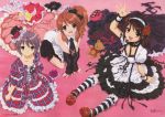  3girls asahina_mikuru bangs bent_knees breasts brown_hair cleavage closed_mouth collared_shirt dress eyebrows_visible_through_hair flower gothic_lolita hair_between_eyes hair_flower hair_ornament hairband hat highres ikeda_shouko lolita_fashion long_hair looking_at_viewer multicolored multicolored_clothes multicolored_dress multicolored_neckwear multiple_girls nagato_yuki open_mouth purple_flower purple_hair red_flower red_footwear scan shirt short_hair striped striped_legwear stuffed_animal stuffed_toy suzumiya_haruhi suzumiya_haruhi_no_yuuutsu teddy_bear yellow_flower 