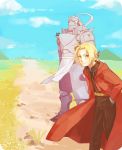  2boys alphonse_elric animal apron armor black_shirt blonde_hair braid brothers cat clouds cloudy_sky coat day edward_elric field flamel_symbol full_armor fullmetal_alchemist gloves hand_in_pocket happy long_hair looking_at_viewer male_focus mountain multiple_boys pants red_coat shirt siblings sky smile standing yellow_eyes 