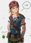  1boy bandanna belt blonde_hair blue_eyes blue_pants blue_shirt closed_mouth commentary_request cowboy_shot grey_background highres link na_(oagenosuke) pants shirt solo standing the_legend_of_zelda the_legend_of_zelda:_breath_of_the_wild thought_bubble 