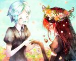  androgynous aqua_hair black_veil blush closed_eyes colored_eyelashes elbow_gloves flower flower_ring gem_uniform_(houseki_no_kuni) gloves green_hair hand_holding head_wreath houseki_no_kuni long_hair mercury necktie outdoors petals phosphophyllite red_eyes redhead shinsha_(houseki_no_kuni) short_hair smile veil 