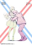  1boy 1girl absurdres artist_name boots bracelet closed_eyes closed_mouth darling_in_the_franxx eyebrows_visible_through_hair futoshi_(darling_in_the_franxx) gorgeous_mushroom hair_ornament hair_scrunchie high_heels highres hood hood_down hug jacket jewelry kokoro_(darling_in_the_franxx) limited_palette long_hair long_sleeves looking_at_another low_tied_hair necklace open_mouth pants scrunchie short_sleeves skirt smile 