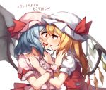  2girls artist_name asrielchu bat_wings blonde_hair blue_hair blush fang flandre_scarlet from_side hat hat_ribbon highres incest long_hair mob_cap multiple_girls open_mouth pink_hat red_eyes red_ribbon red_skirt remilia_scarlet ribbon short_sleeves siblings simple_background sisters skirt skirt_set smile touhou translation_request upper_body vest white_background white_hat wings wrist_cuffs yuri 