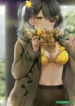  1girl absurdres artist_name bikini bikini_under_clothes black_hair black_legwear blurry blurry_background blush breasts breath brown_coat candy cleavage coat crotch_seam depth_of_field duffel_coat eyebrows_visible_through_hair food frilled_bikini frills fringe glint hair_bobbles hair_ornament hairclip highres holding holding_food lollipop long_hair looking_at_viewer medium_hair melonbooks natsume_eri navel one_side_up outdoors pantyhose plaid plaid_scarf pocket scan scarf snowflakes solo stomach sweets swimsuit tareme upper_body yellow_bikini yellow_scarf 