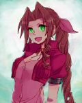  1girl aerith_gainsborough bow braid breasts brown_hair cleavage commentary_request cropped_jacket dress final_fantasy final_fantasy_vii green_eyes hair_ribbon long_hair pink_bow pink_dress ponytail ribbon single_braid solo sunagimo_(nagimo) very_long_hair 