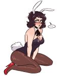  1girl animal_ears black_hair blush breasts brown_eyes brown_hair bunny_girl bunny_tail bunnysuit detached_collar fake_animal_ears kawakami_sadayo looking_at_viewer persona persona_5 rabbit_ears scruffyturtles short_hair solo tail 