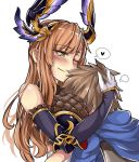  1boy 1girl bare_shoulders between_breasts blush breasts brown_hair cape commentary elbow_gloves eyebrows_visible_through_hair gloves gran_(granblue_fantasy) granblue_fantasy green_eyes head_hug heart horns hug large_breasts long_hair looking_at_another looking_down one_eye_closed sanmotogoroo simple_background smile song_(granblue_fantasy) speech_bubble spoken_heart white_background 