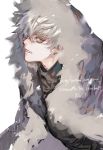  1boy absurdres copyright_name earrings fang fate/grand_order fate_(series) fur_trim highres irorigumi jacket jewelry kadoc_zemlupus looking_at_viewer male_focus neck_piercing pale_skin simple_background solo upper_body white_background white_hair yellow_eyes 