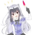  1girl :d alternate_hair_length alternate_hairstyle animal_ears black_bow black_gloves black_hair black_skirt blue_shirt bow bowtie brown_eyes commentary_request common_raccoon_(kemono_friends) extra_ears fang feathers fur_collar gloves hair_between_eyes hekicho kemono_friends long_hair looking_at_viewer multicolored_hair open_mouth puffy_short_sleeves puffy_sleeves raccoon_ears shirt short_sleeves silver_hair simple_background skirt smile solo upper_body very_long_hair white_background 