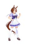  1girl animal_ears bamboo_memory blue_eyes brown_hair clenched_hand full_body hand_on_hip headband highres horse_ears horse_tail looking_at_viewer multicolored_hair official_art short_hair smile solo tail thigh-highs transparent_background two-tone_hair umamusume white_hair zettai_ryouiki 