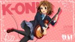  1girl blue_skirt blush bolo_tie brown_eyes brown_hair character_name copyright_name guitar hair_ornament hairclip hirasawa_yui instrument k-on! kou_(aimai) loafers looking_at_viewer music open_mouth pantyhose pink_background playing_instrument pleated_skirt polka_dot polka_dot_background school_uniform shoes silhouette skirt smile solo text wallpaper 