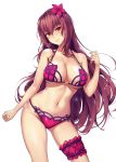  1girl bangs bikini breasts cleavage commentary_request cowboy_shot eyebrows_visible_through_hair fate/grand_order fate_(series) flower hair_flower hair_ornament highres large_breasts leg_garter long_hair looking_at_viewer navel parted_lips pink_bikini purple_bikini purple_hair red_eyes scathach_(fate/grand_order) scathach_(swimsuit_assassin)_(fate) simple_background solo swimsuit thigh_strap white_background yuewu_zhu_youdi 