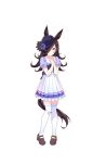  1girl animal_ears black_hair blue_flower blue_rose flower full_body hair_over_one_eye hat hat_flower highres horse_ears horse_tail long_hair looking_at_viewer official_art parted_lips rice_shower rose solo tail transparent_background umamusume violet_eyes 