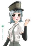  absurdres arare_(kantai_collection) arm_warmers black_hair breasts brown_eyes graphite_(medium) hat highres kantai_collection mechanical_pencil open_mouth pencil shirt short_hair short_sleeves skypixter small_breasts smile suspenders traditional_media upper_body white_shirt 