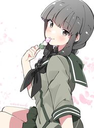  1girl arm_support bangs black_hair black_neckwear blunt_bangs braid cherry_blossoms cowboy_shot dango eating food green_sailor_collar green_serafuku green_skirt hair_over_shoulder highres kantai_collection kitakami_(kantai_collection) long_hair looking_at_viewer neckerchief petals pleated_skirt sailor_collar school_uniform serafuku single_braid sitting skirt solo takeshima_(nia) wagashi white_background 