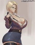  1girl android_18 blonde_hair blue_eyes breasts cleavage cutesexyrobutts dragon_ball dragonball_z glasses highres huge_breasts long_hair office_lady open_clothes open_shirt robutts skirt solo 