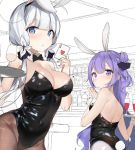  2girls azur_lane blue_eyes breasts bunnysuit card cleavage cup drinking_glass grey_hair illustrious_(azur_lane) large_breasts multiple_girls pantyhose playing_card purple_hair sabet_(young_ouo) tray unicorn_(azur_lane) violet_eyes wine_glass 