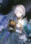  1girl anastasia_(fate/grand_order) artist_name bangs blue_eyes cape crown doll dress eyebrows_visible_through_hair eyes_visible_through_hair fate/grand_order fate_(series) gem hair_over_one_eye hairband holding holding_doll jewelry kim_eb long_hair looking_at_viewer mini_crown open_mouth pendant royal_robe single_earring snowflakes snowing solo teeth twitter_username very_long_hair white_hair 