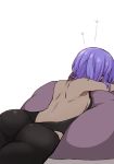  1girl armpits ass back backless_outfit bare_back bare_shoulders breast_press breasts cushion fate_(series) from_behind hassan_of_serenity_(fate) i.u.y profile purple_hair revealing_clothes short_hair shoulder_blades sideboob simple_background skin_tight small_breasts solo translation_request white_background 