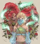  1boy 1girl blonde_hair blue_lipstick crossdressinging detached_sleeves earrings gerudo gerudo_link hoop_earrings jewelry link lipstick long_hair makeup navel pointy_ears redhead sizu the_legend_of_zelda the_legend_of_zelda:_breath_of_the_wild trap urbosa 