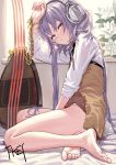  1girl artist_name bare_legs barefoot biwa_lute blush chains feet fkey flower full_body gold_chain half-closed_eyes headphones highres indoors instrument lavender_eyes lavender_hair looking_at_viewer lute_(instrument) no_pants panties signature sitting solo touhou tsukumo_benben underwear white_flower white_panties 